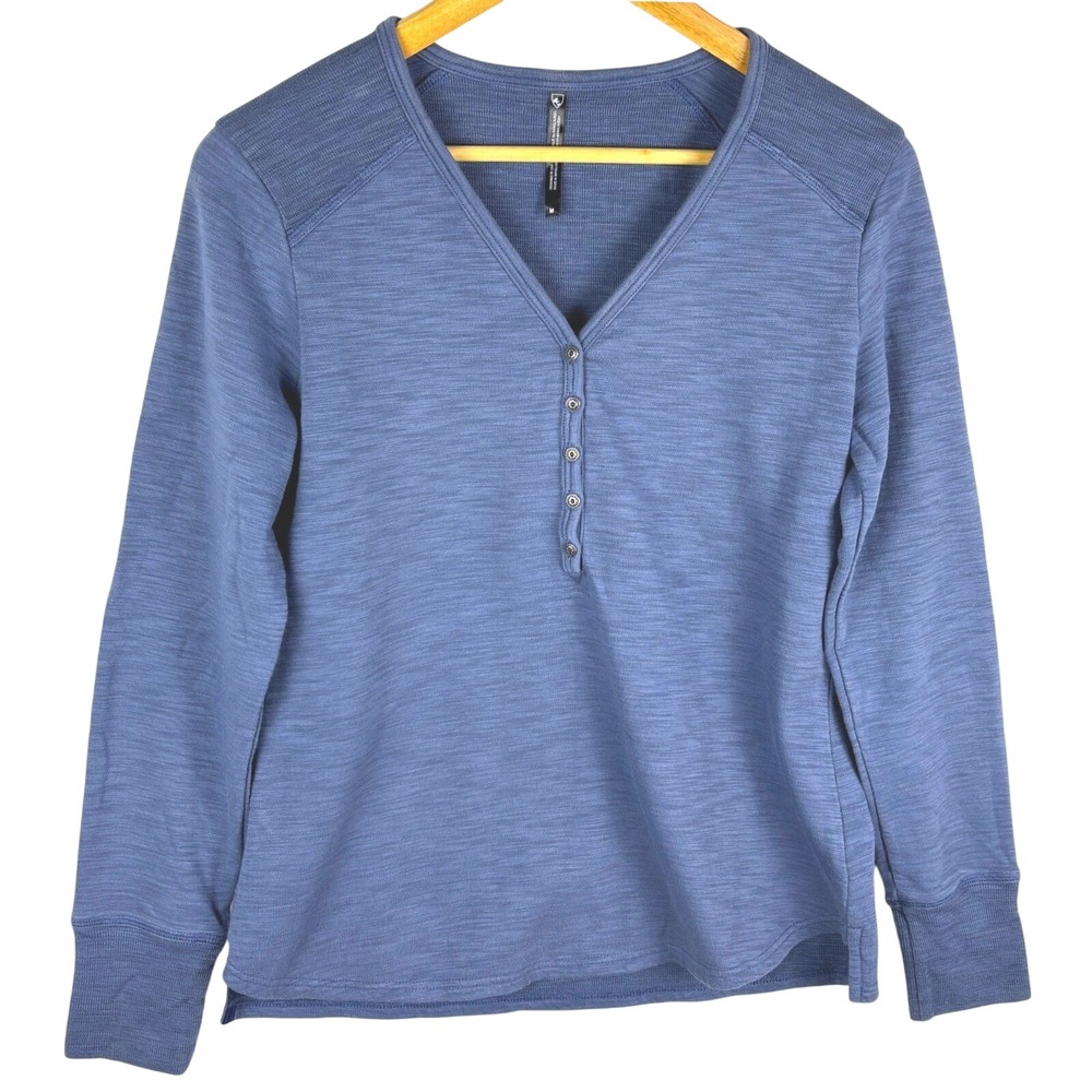 KUHL Women's Lola Long Sleeve Henley Shirt Sz M Blue Cotton Outdoor Hiking Camp
